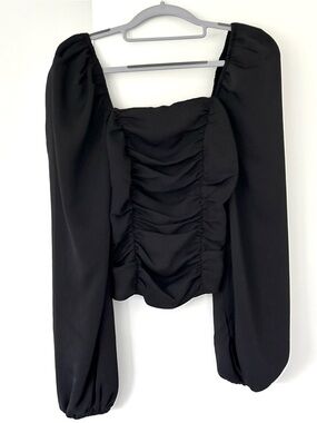 Express Black Ruched Puff Sleeve Square Neck Top